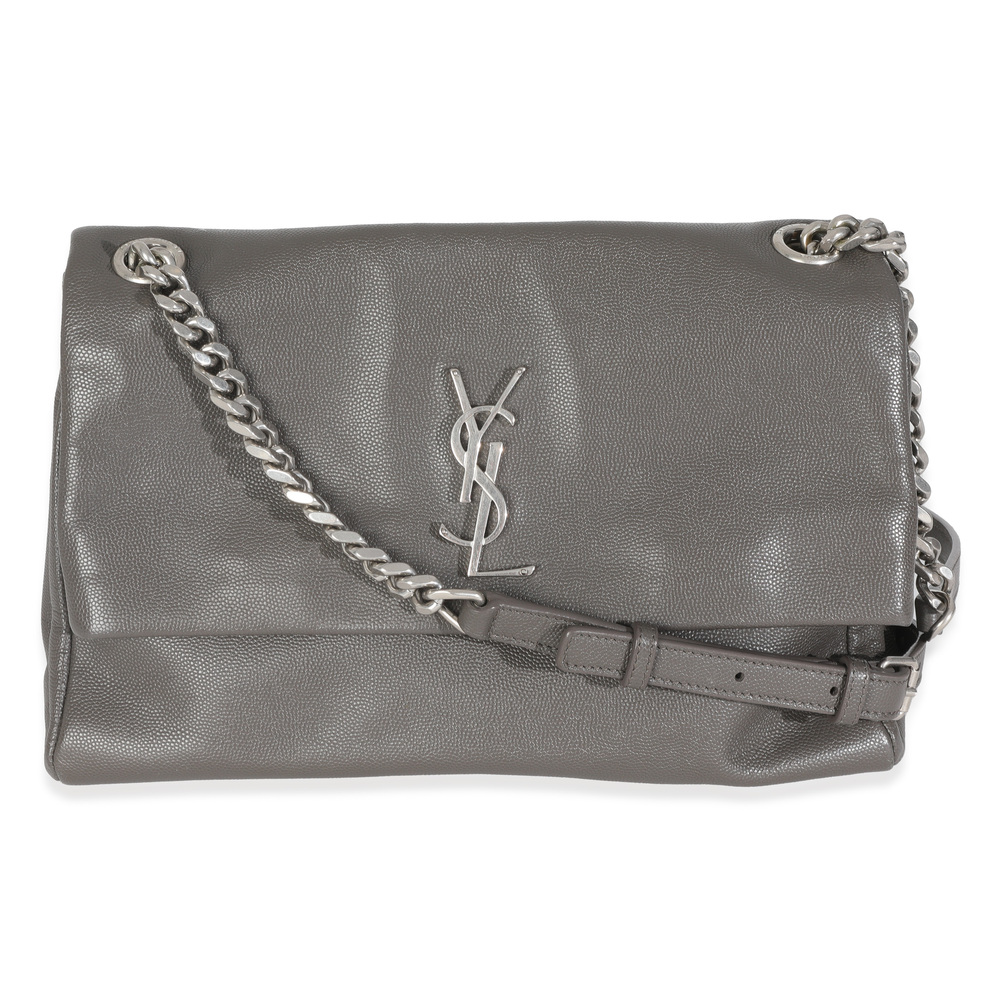 Saint Laurent Grey Grained Calfskin Medium West Hollywood Monogram Fold Over Bag